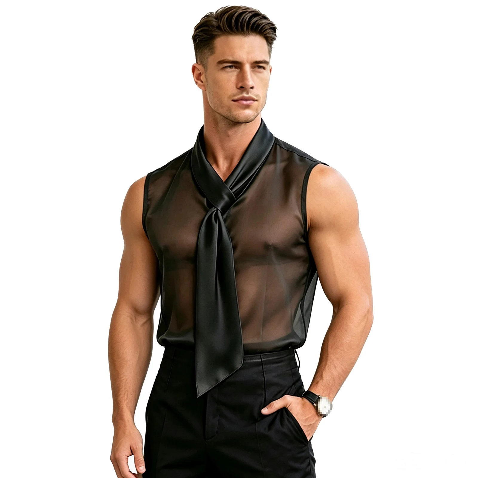 Men's See Through Sheer Mesh Tank Top Shirt Satin Tie Neck Sleeveless Muscle Showing Vest Singlet T-shirt Rave Party Clubwear