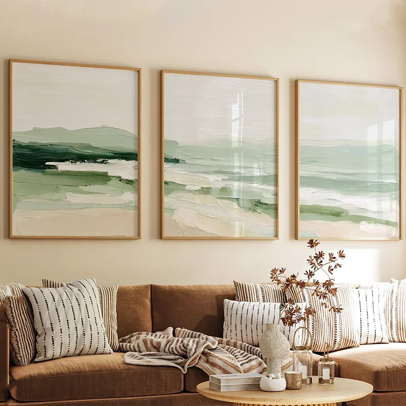 3PCS frameless decorative art print,3PCS Coastal Wave Posters Green Neutral Seascape Wall Art Canvas Paintings For Room Decor Ho