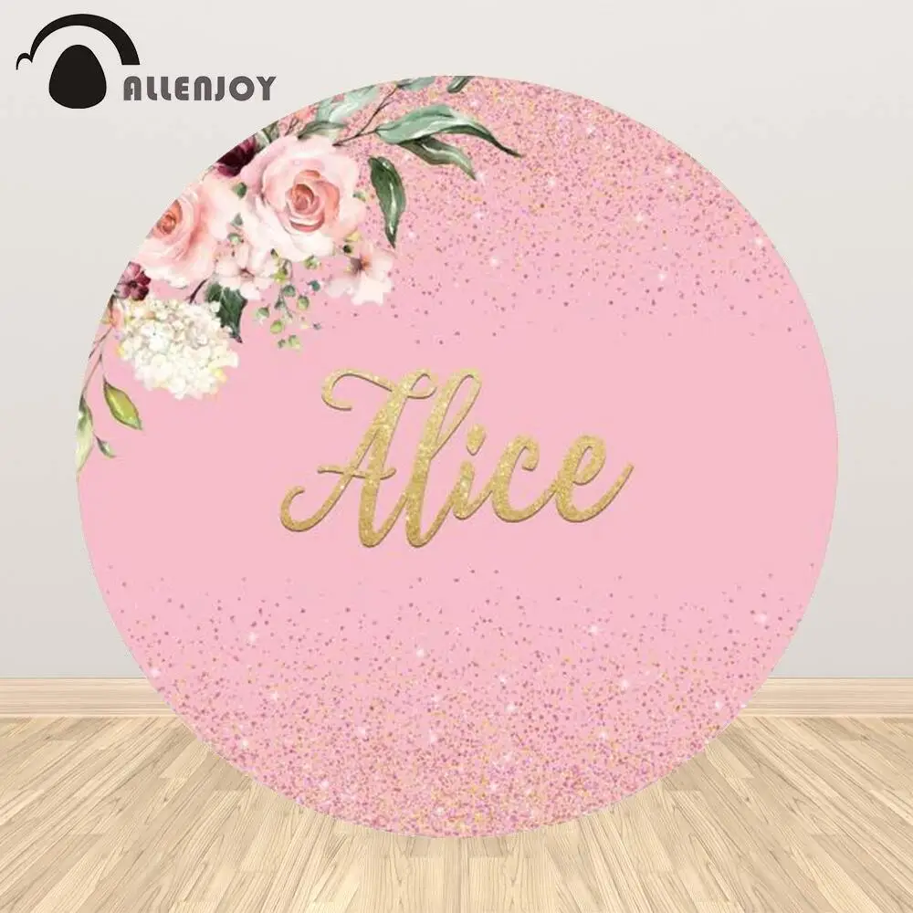 

Funnytree Birthday Party Round Background Pink Glitter Gold Floral Customize Circle Dots Baby Shower Decor Photozone Backdrop