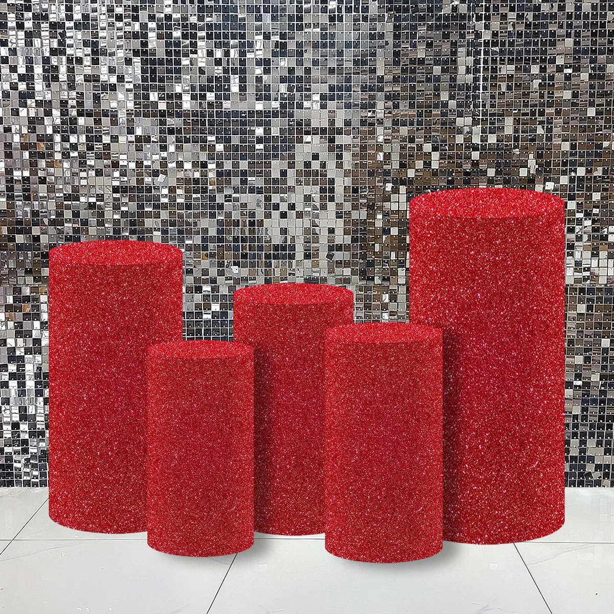 5set/Unit  Red Pedestal Covers for Birthday Party Decor, Elastic Cloth Baby Shower Wedding Plinth Cylinder Props