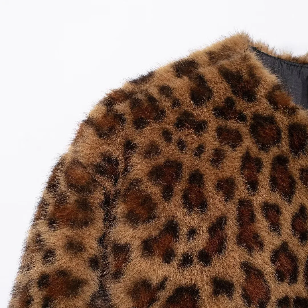 Taop & za2024 feminino outono/inverno novo casaco de pelúcia efeito pele artificial lapela socialite temperamento leopardo cardigan