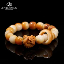 JD Natural Wooden Yellow Bodhi Barrel Beads Sandalwood Ring Lion Chic Bracelet Women Charcoal Roasted Hand String Friend Jewelry