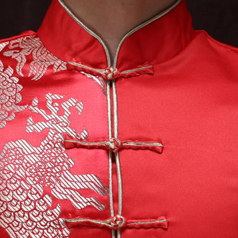 Traditional Chinese Style Men Red Wedding Coat Stand Collar Satin Tunic Suit Jacket Golden Dragon Jacquard Bridegroom Coat