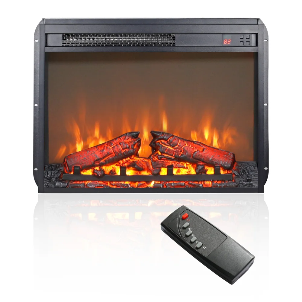 23 inch electric fireplace insert, ultra thin heater with log set & realistic flame, remote control with timer, overheating