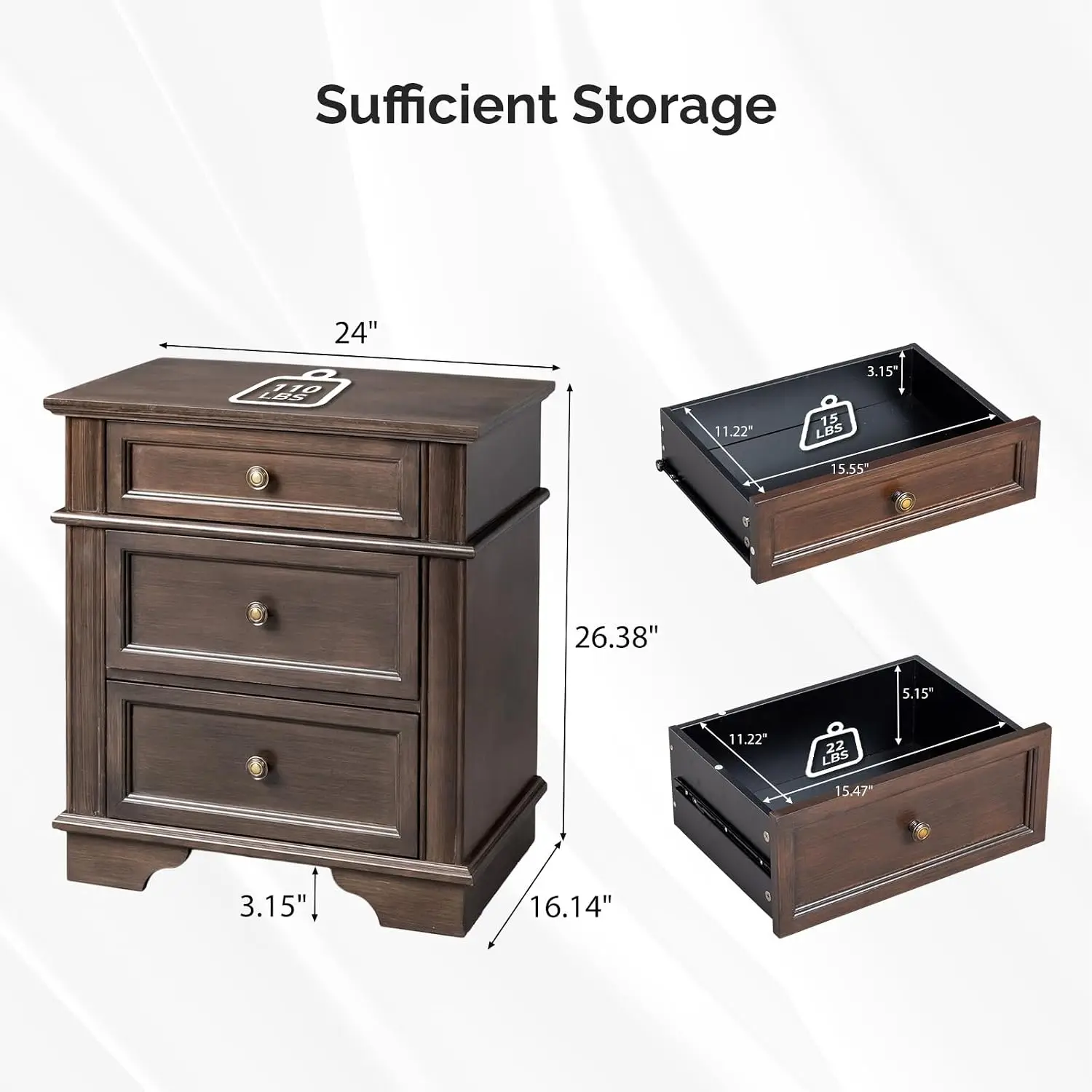 Brown Nightstand Set of 2 with Charger Station, Wood Textured 3 Drawer Large Bedroom Bedside Side Table, Customized