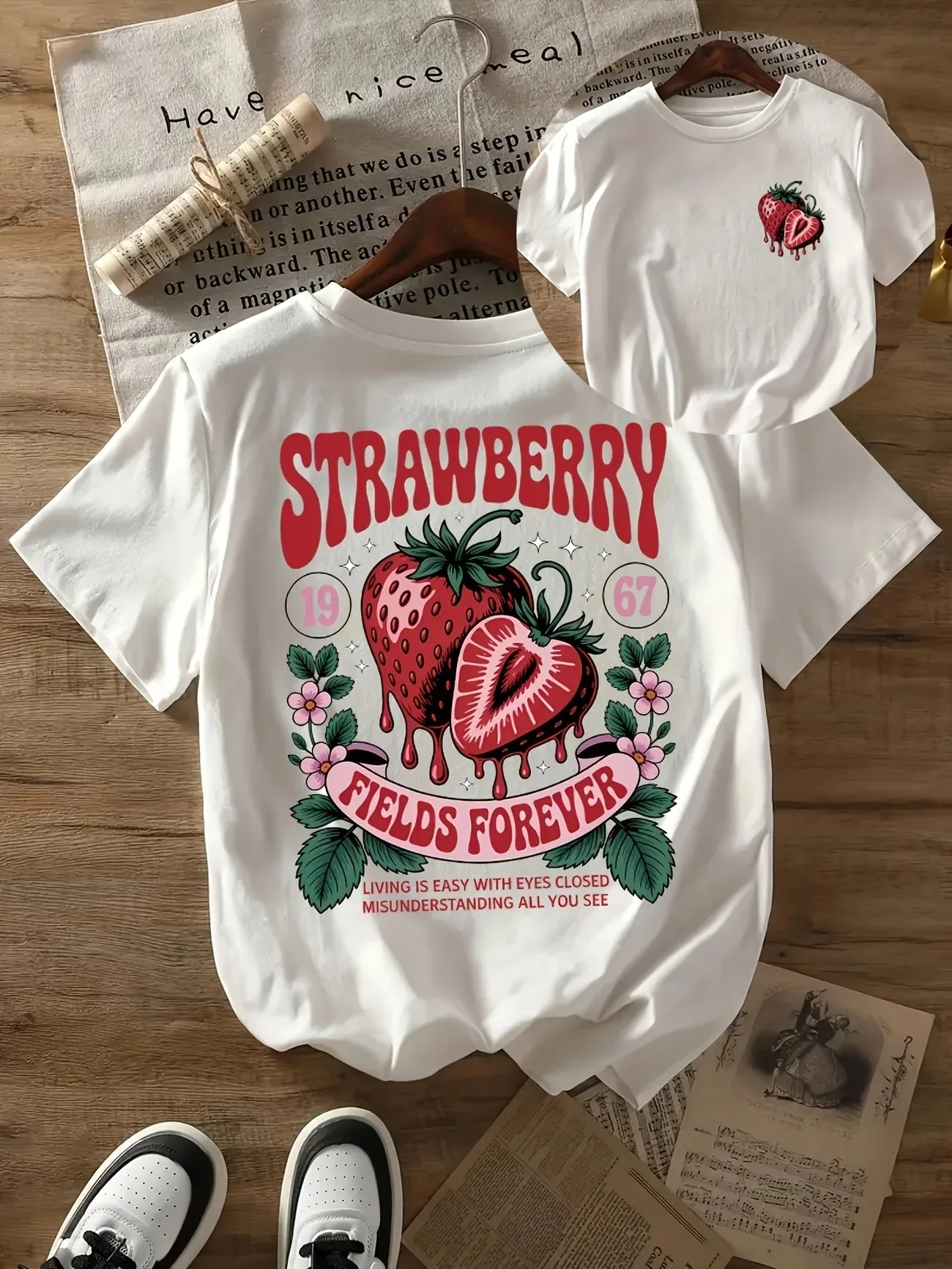 2026 Grils Strawberry Fields Forever Print T Shirts Women Breathable T-Shirt Hip Hop Loose Streetwear All-Match Casual Clothing