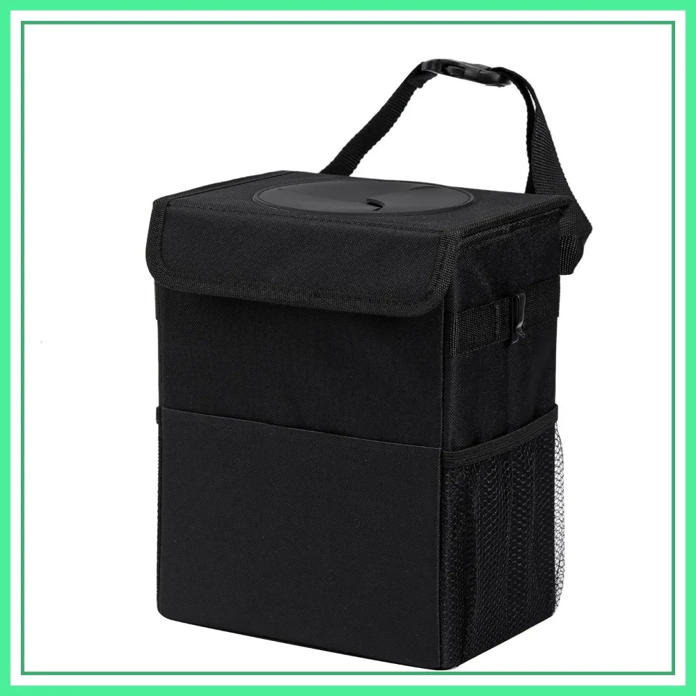 

Car Garbage Can with Lid Leak Proof Vehicle Trash Can 3 Storage Pockets Hanging Waterproof Trash Bag for SUV Black