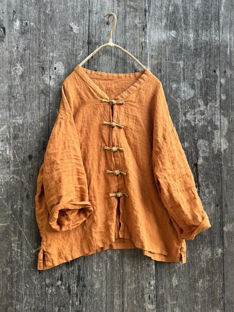 

Handmade Pure Sand Waed Linen Long Sve Casual Women's irt Original Design Chinese Ethnic Sle Loose Fit Faionable