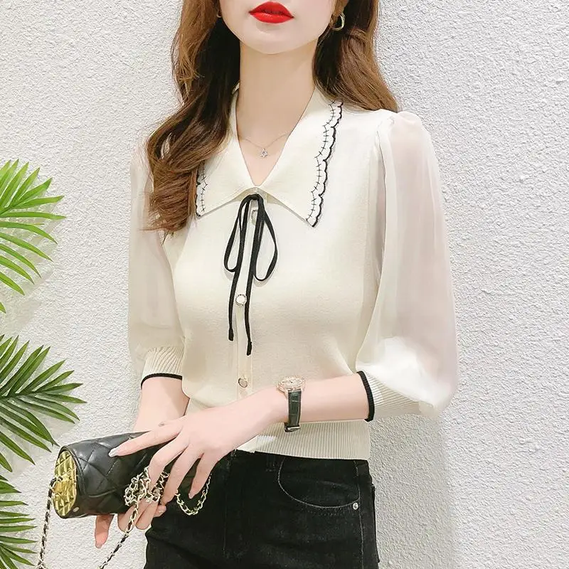 Fashion Lace Up Bow Knitted Spliced Gauze Puff Sleeve Blouses Women's Clothing 2024 Autumn New Loose All-match Tops Chic Shirts