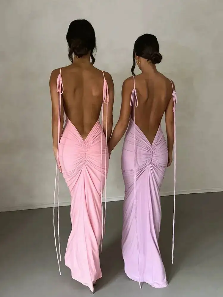حزام مثير عارية الذراعين فستان ماكسي ملابس النساء أنيقة عيد ميلاد فيستدو الصيف نادي الحفلات Ruched فساتين الوردي بلوزات على الموضة