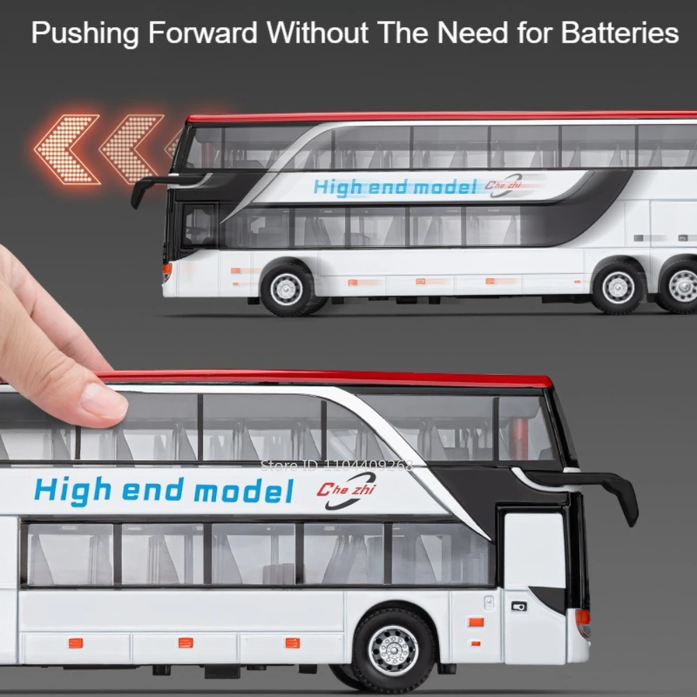 1:30 スケール 2 階建てビジネスバス合金モデルおもちゃの車サウンドライトプルバック 5 ドアオープンシミュレーション車両モデルのおもちゃ