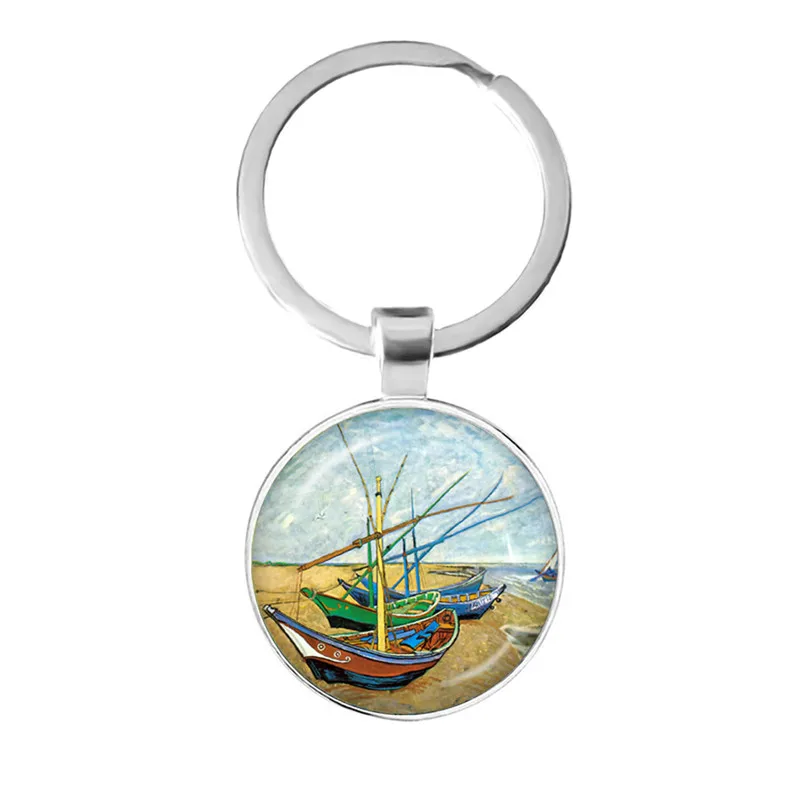 Fashion Van Gogh Art Starry Night Sunflower Keychain 25mm Glass Cabochon Dome Key Rings Keyholder For Women Men Gift