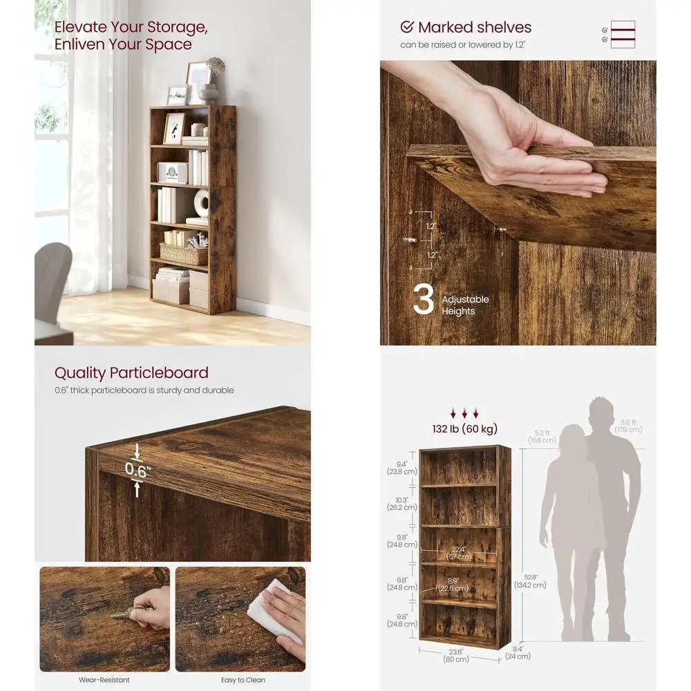 

5-Shelf Rustic Brown Bookcase, 9.4x23.6x52.8, for Living Spaces, Home Offices, and Dining Rooms