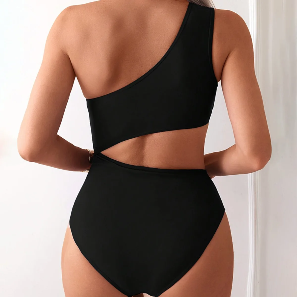Women's One-Piece Swimsuit Single-Shoulder Solid Color Sexy Elegant Slimming Triangle Bikini Bottom Resort Hot Spring Wear