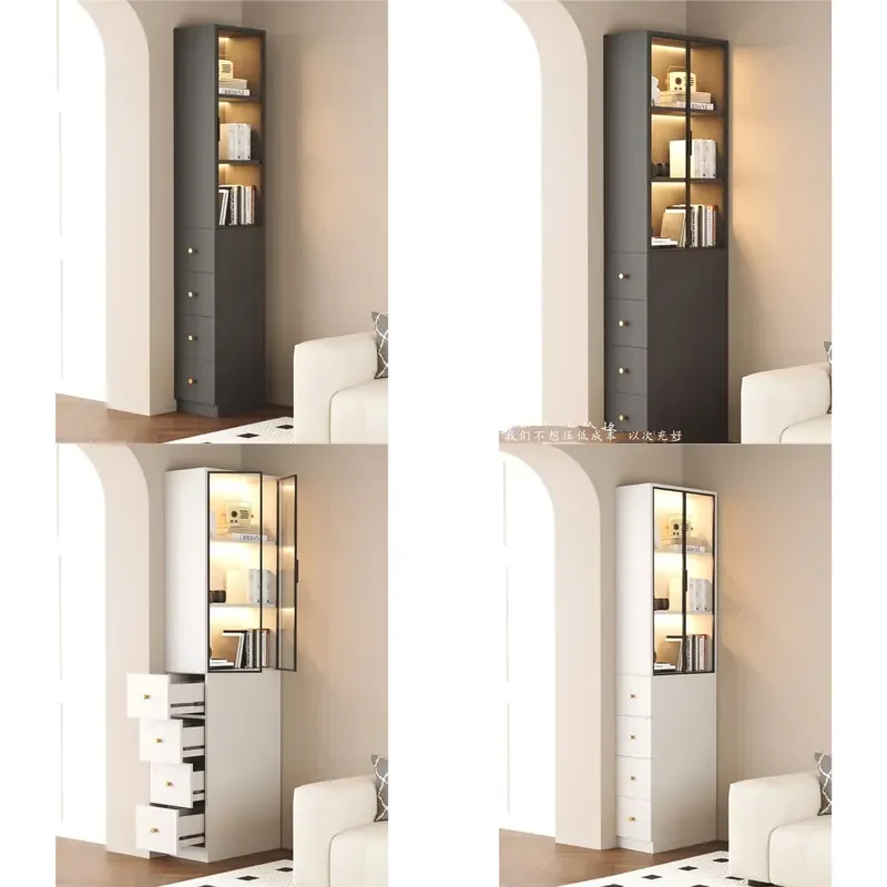 For Clamped Glass Bookcase Ultra Thin Narrow Side Cabinet Pull Out Corner Storage Locker With Glass Door For Sofa Living Room