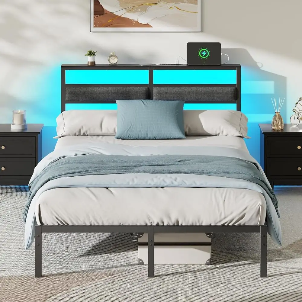 

ull Size Bed e with board, Bed e ull Size with Charging Station, Black Metal Platorm Bede and Storage Shel,