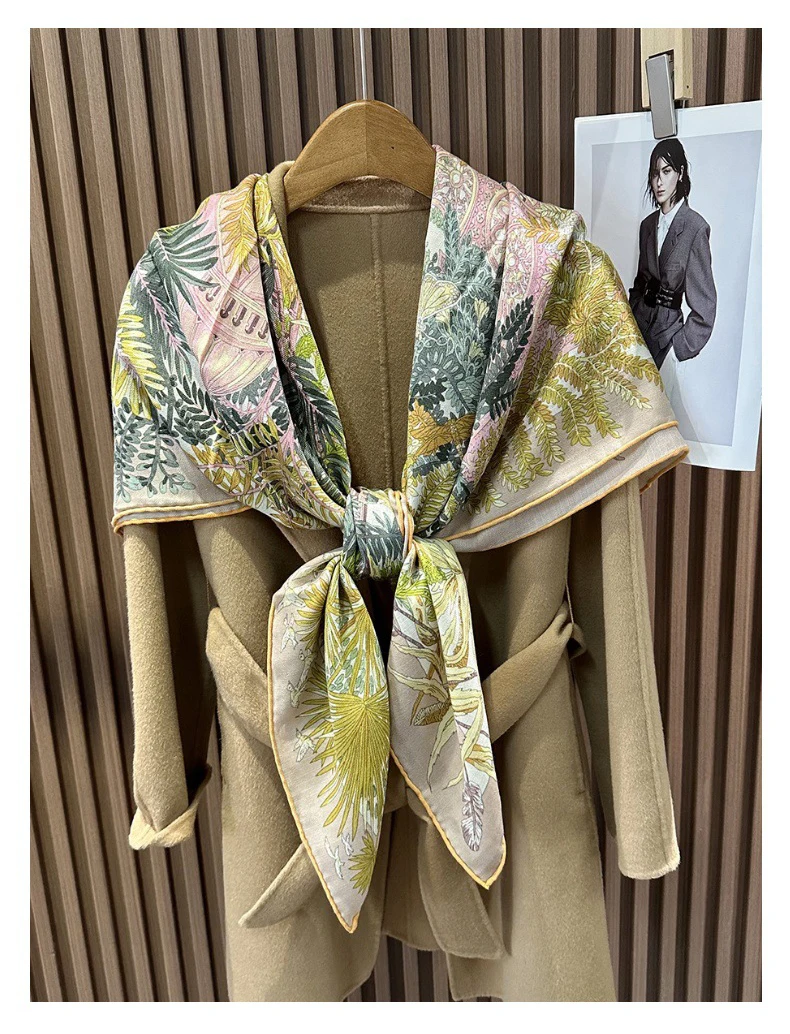 الشتاء الحرير وشاح من الصوف 135 سنتيمتر شالات مربعة كبيرة الفاخرة مصمم النساء اليد توالت حواف عصابات هدية الكريسماس سرق