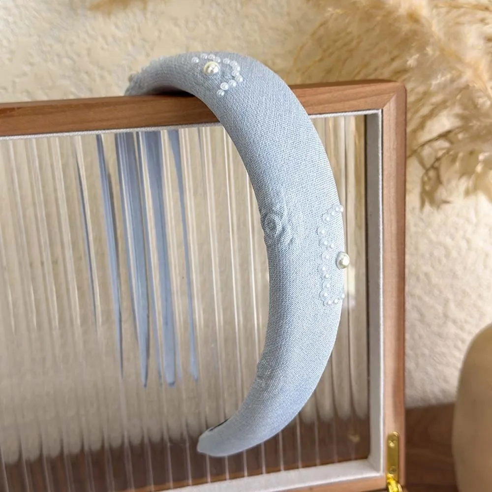 Cerceau de cheveux en tissu de perles douces, imprimé Rose, perles de Style français, bandeau en cristal, large côté, Beige, bleu, bandeau pour mariage