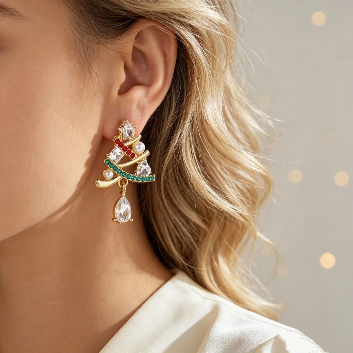 Rot-grüne Strass-Stern-Ohrringe mit hohlen Weihnachtsbaum- und Wassertropfen-Quasten für Damen – Modische Weihnachtsbaum-Ohrringe für Partys und Schmuck – Detail 8