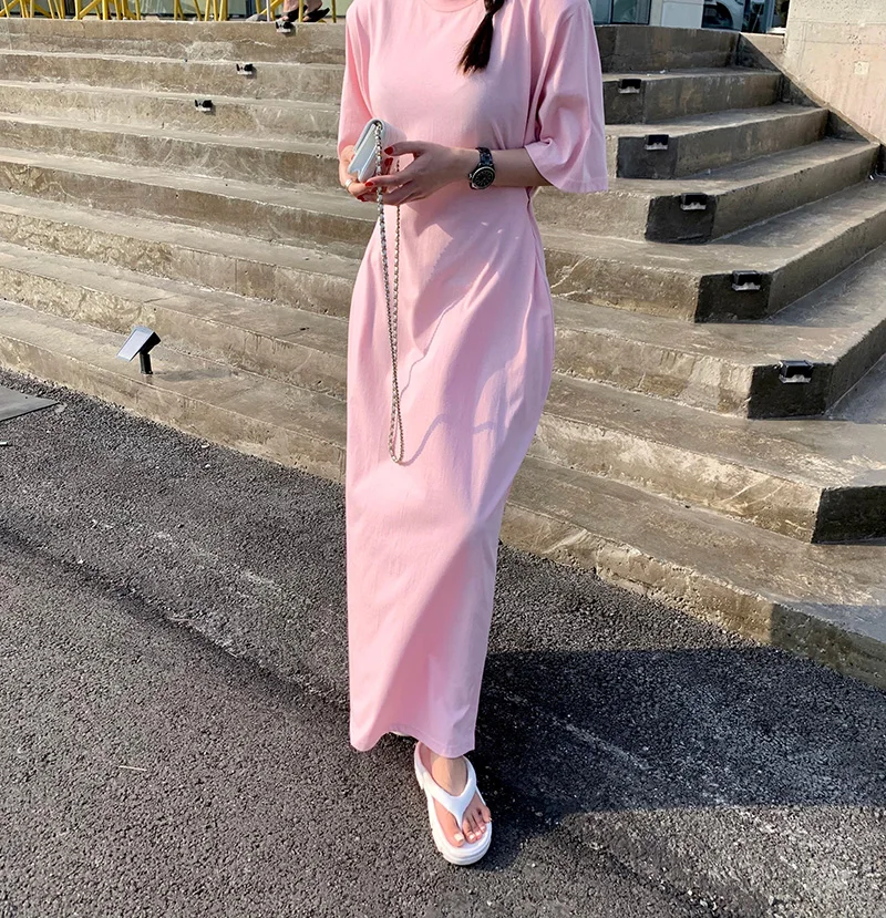 Chic ample femmes T-shirt Dr rond Ne côté bouton taille cintrée jupe longue coréen Sle taille haute coton été Dr