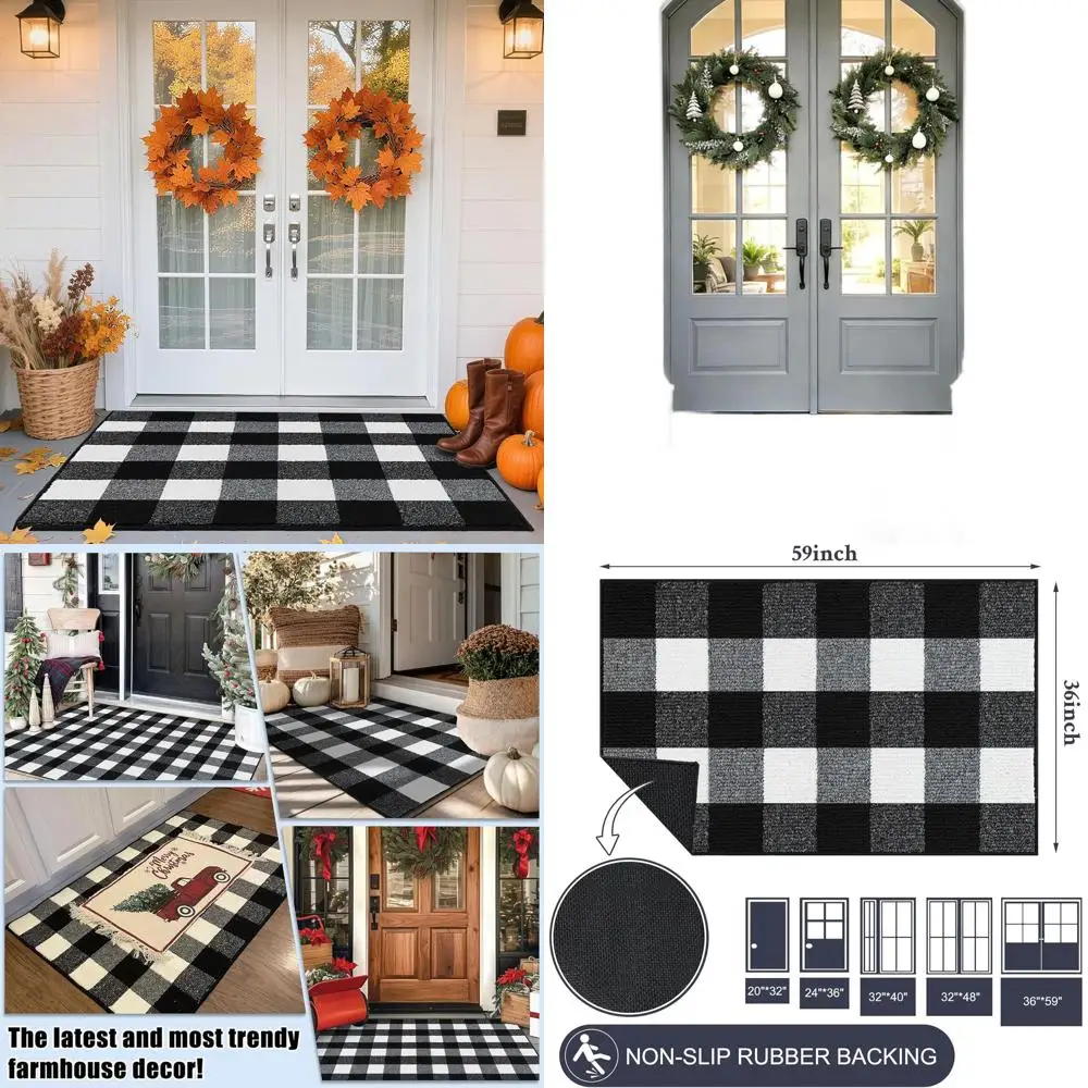 

Buffalo Plaid Outdoor Rug, 36"x59" Black and White Checkered Rug Rubber Backing Non-Slip Indoor Door Mat, Absorbent Washable Ent