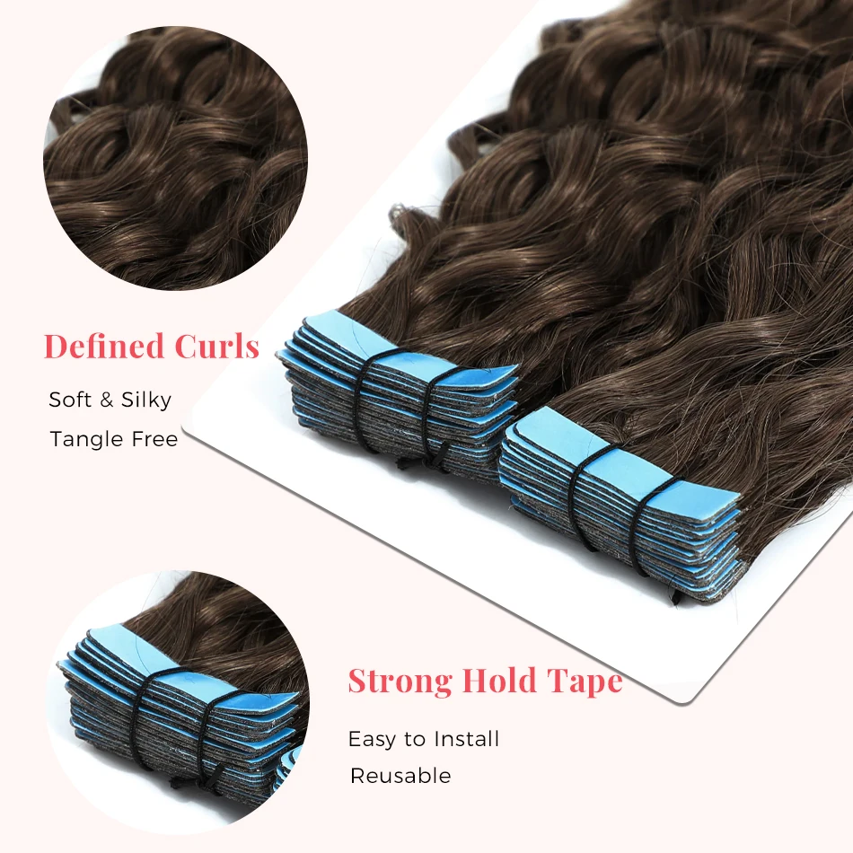 Extensions de Cheveux Naturels Ondulés Brun Foncé 2 #, Postiche de Trame de Peau, 2g par Pièce