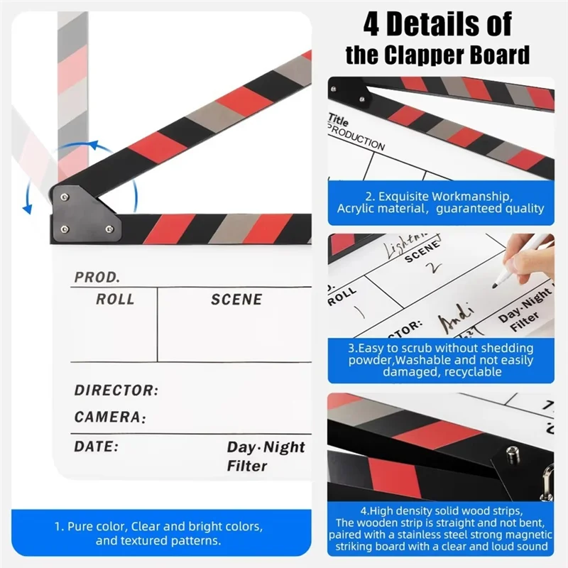 REPLA-Clapperboard Acrílico Película Acción Clap-Stick Director Película Clapboard Ideal para Producciones de Cine, TV y Vídeo A