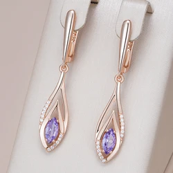 Kinel Hot Shiny Purple Natural Zircon Long Dangle Earrings for Women 585 Rose Gold Color Vintage Ethnic Bride Daily Fine Jewelry