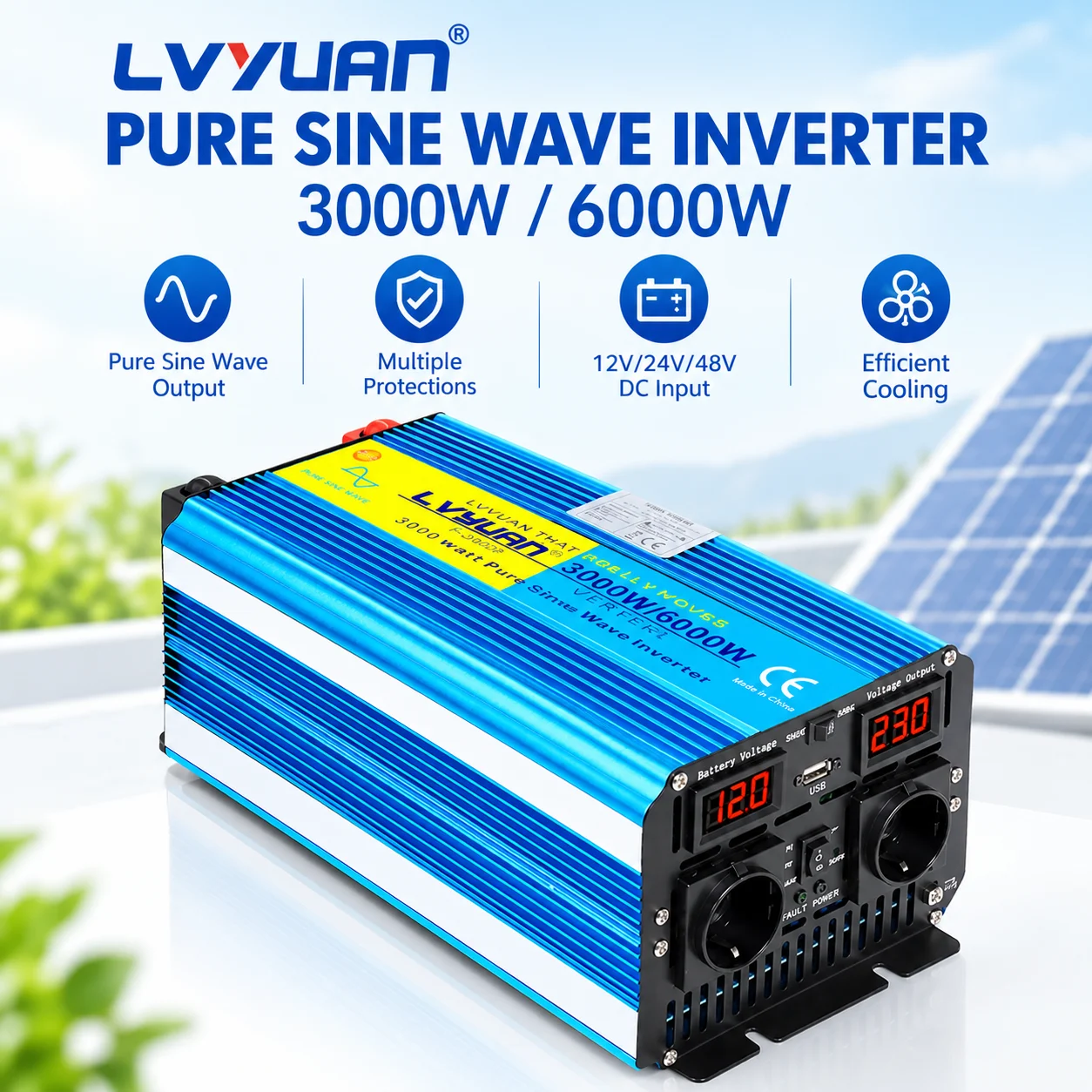 Lvyuan 5000W/6000W/7000W/8000W Inverter di Potenza a Onda Sinusoidale Pura DC 12V/24V a AC 220V/230V 50Hz 2 Prese EU USB Controllo Remoto Solare per Casa