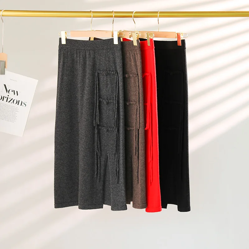 Autumn And Winter New Pure Wool Thick Skirt Women's High Waist Solid Color Buckle Split Knit Skirt Cashmere Long Skirt