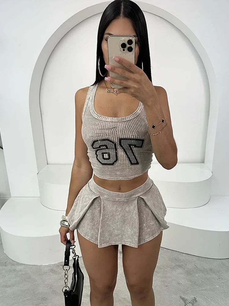

CPSYMYM Digit Print Tracksuit Women 2 Piece Set Tie-Dye Print Tank Tops+Pleated Skirts Casual Simple Stretch Streetwear Suit