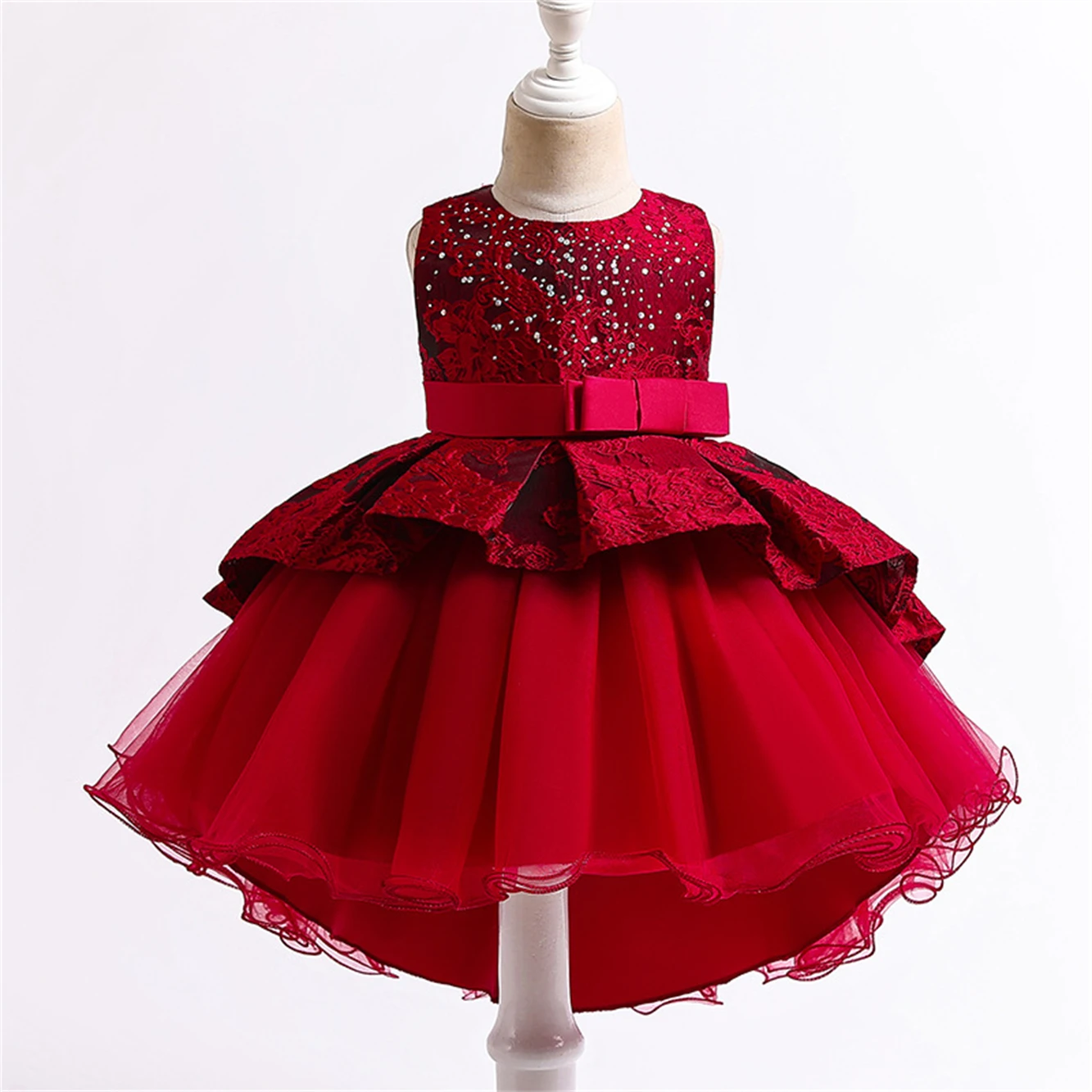 Girls Princess Dress Lace Mesh Fairy Bow Knot Tutu Show Evening Dress