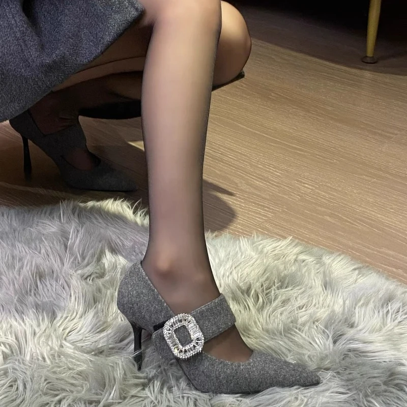 

Square Buckle Rhinestone Strap Autumn and Winter New Style Fine Heel High Heels Woolen Elegant Women's Outdoor Shoes