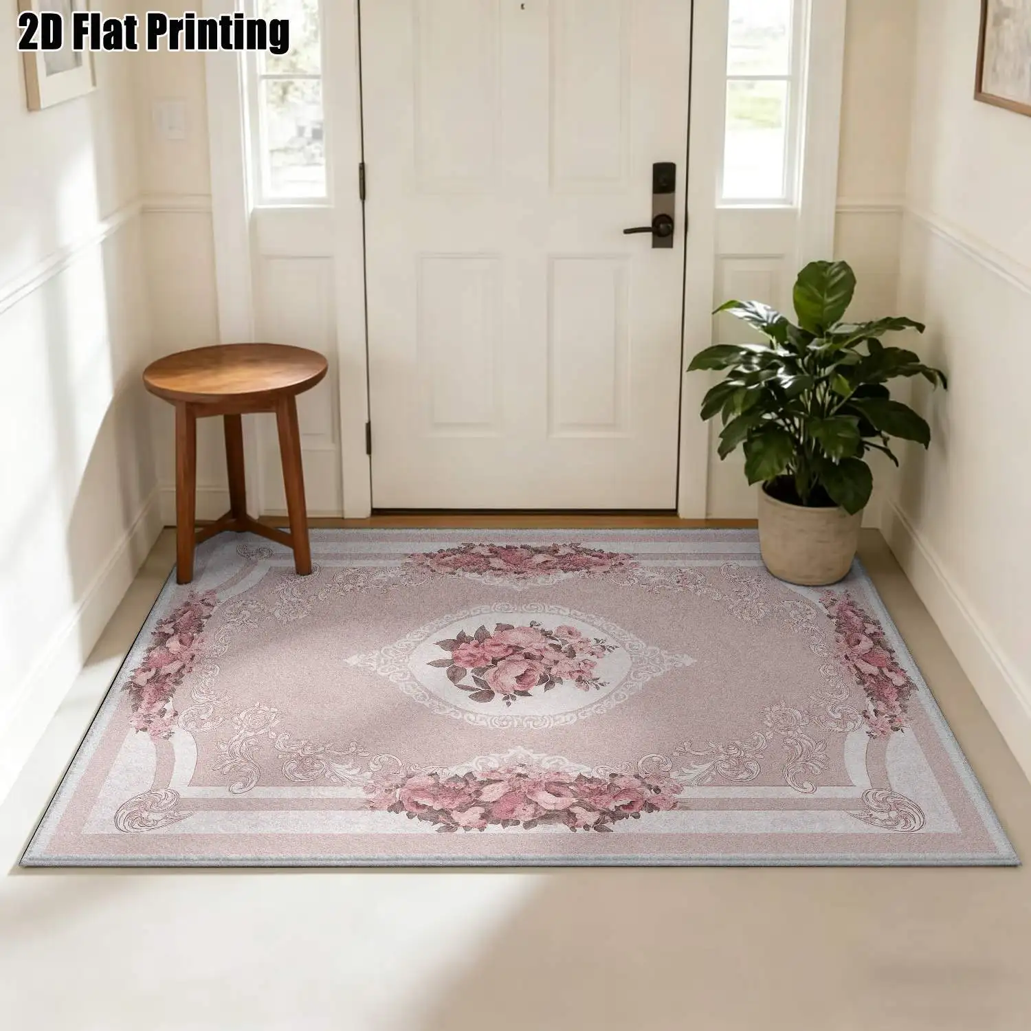 1Pc 2D Printed Pink Floral Pattern Carpet, European Vintage Style, Instagram Floor Mat, Home Decor, Multi-Size, Machine Washable, for Entrance, Living Room, Bedroom, Dining Room, Foyer