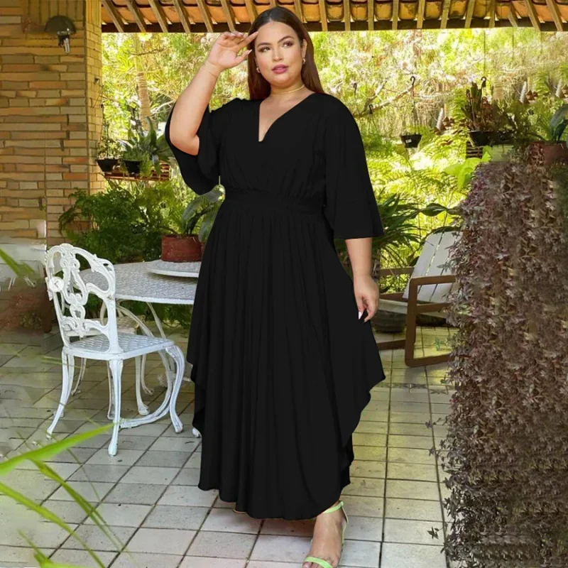 KEXU Plus Size Women High Waist V-neck Big Swing Ruched Side Maxi Long Dress 2024 New Spring Elegant Fashion Solid Dresses