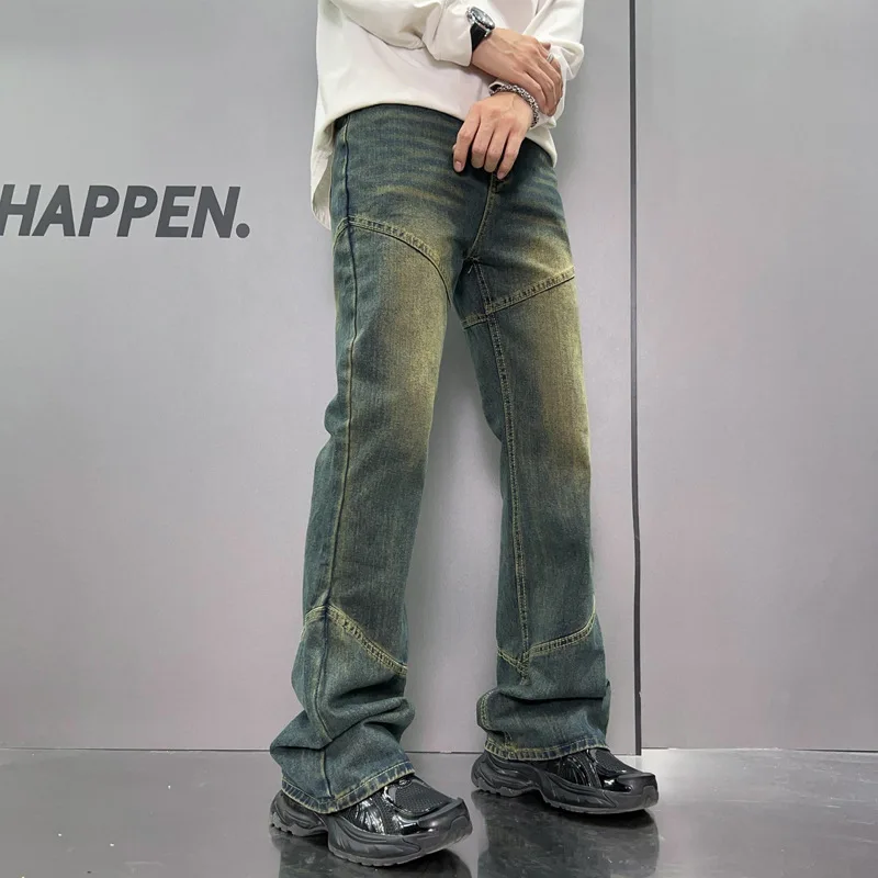 Loose Flared Jeans for Men 2024 Autumn High Street Fashionable American Retro Nostalgic Straight Washed Distressed Long Pants