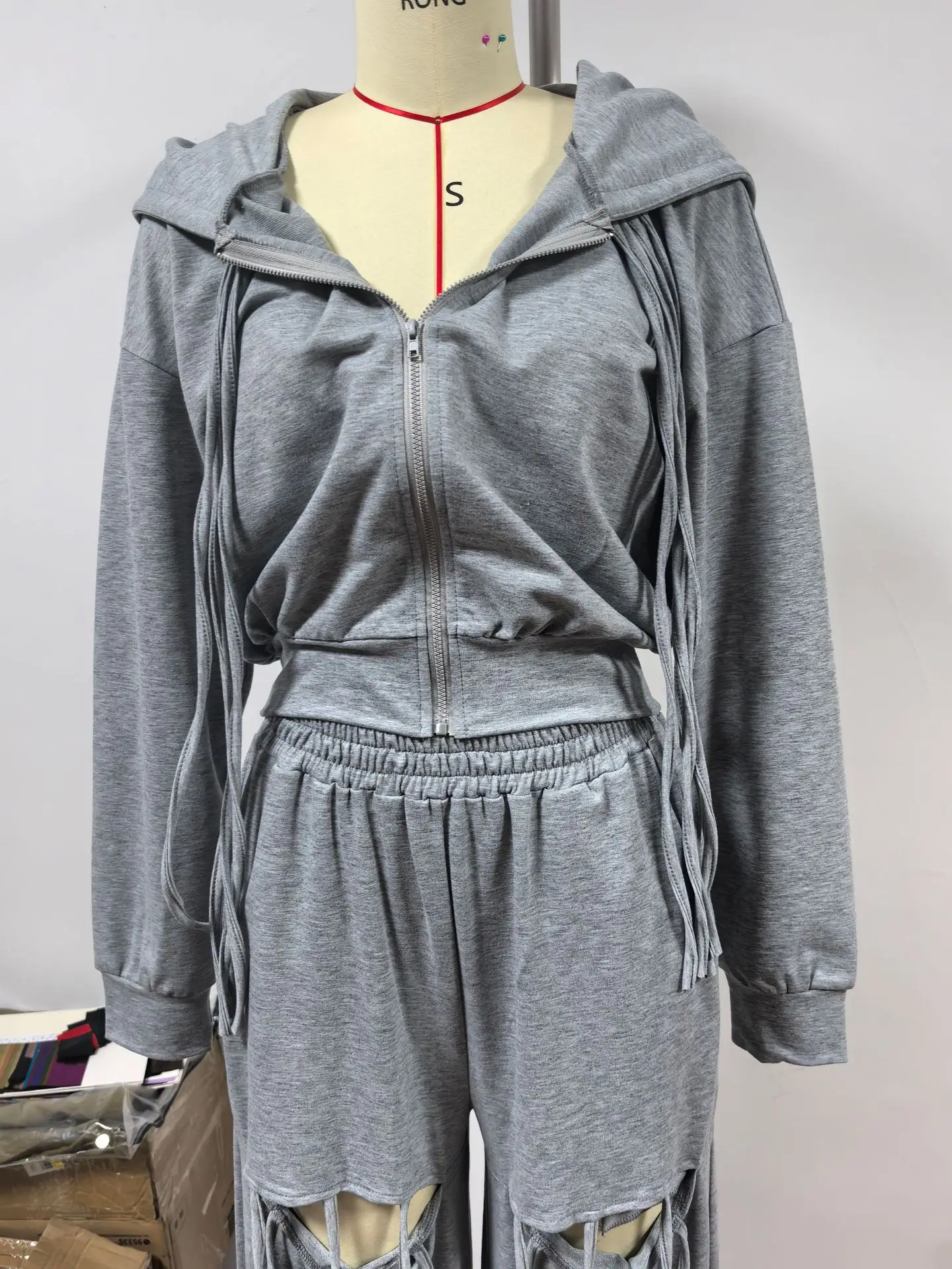 Fitness Damen 2-teiliges Set Reißverschluss-Kapuzenmantel Distressed Jogginghose 2025 Herbst Winter Outfits Fitness Sportliche Trainingsanzüge