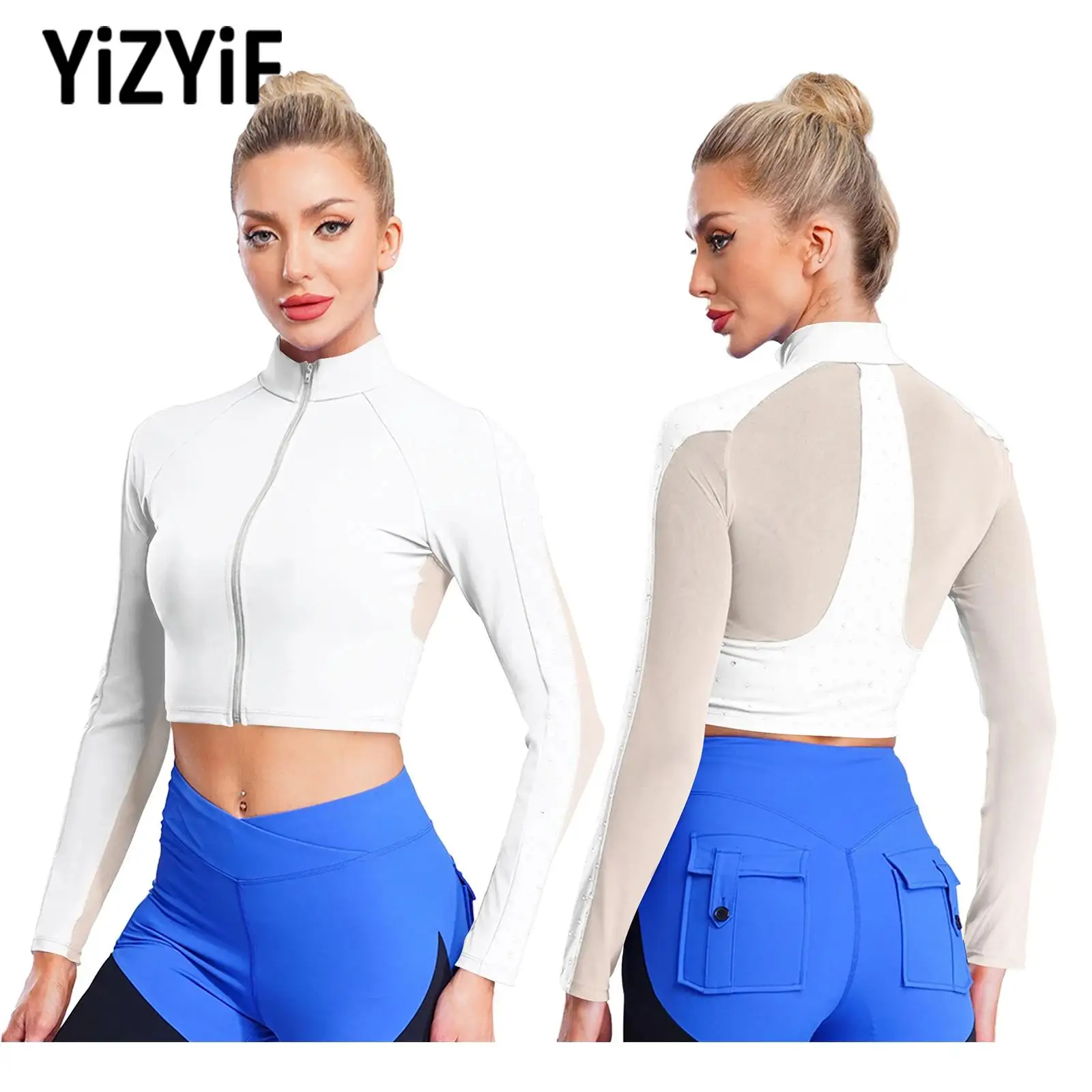 

Women Breathable Zip-Up Stand Collar Long Sleeve Yoga Sports Jacket Tops Back Shiny Rhinestones Sheer Mesh Athletic Crop Top