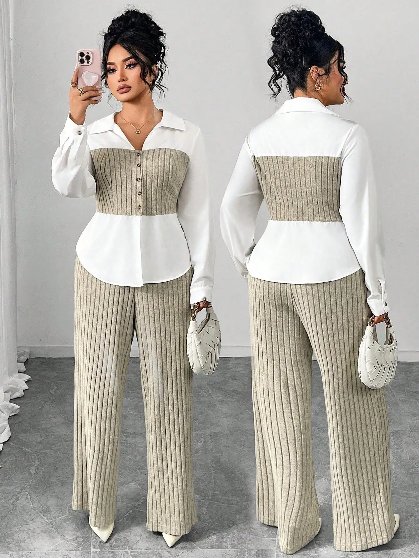 

Комплект: блузка с длинными рукавами в стиле пэчворк больших размеров и брюки с широкими штанинами в рубчик