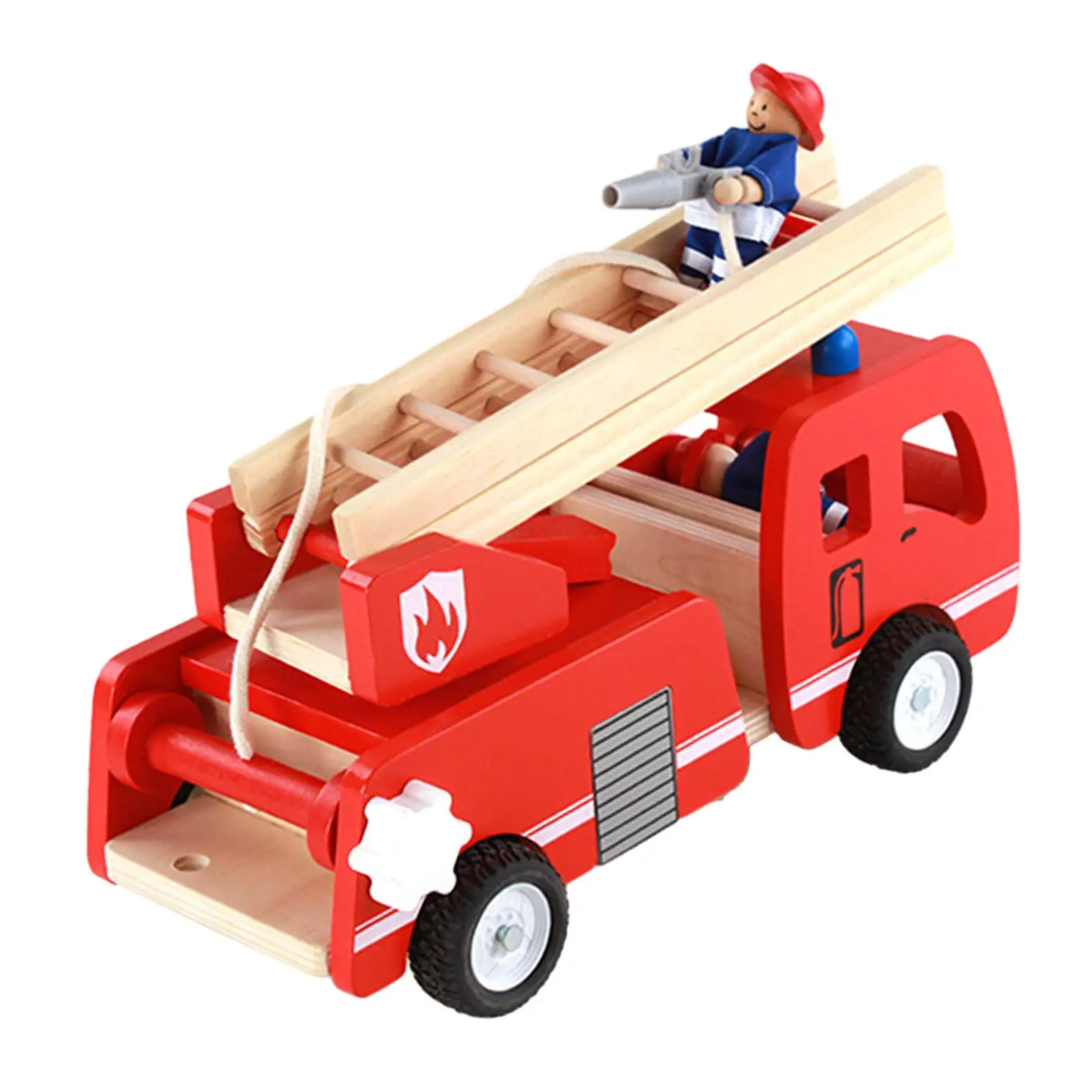 Wooden Fire Truck Toy Realistic Simulation Fine Motor Skills Rotating Ladder Fire Engine Ladder Vehicle Toy Wood Fire Engine Toy