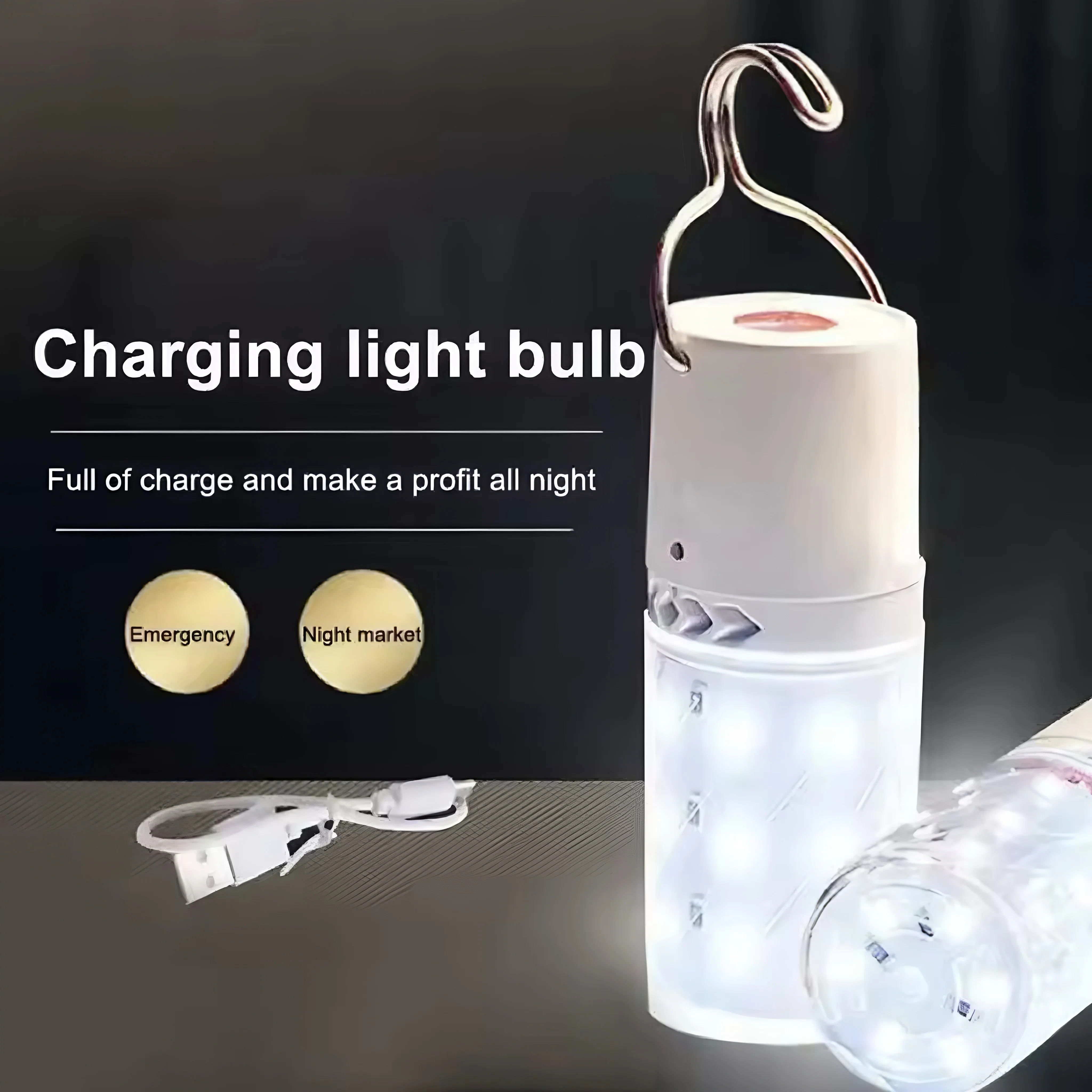 USB Rechargeable Emergency Light Bulb, Hook-type High-Brightness LED Camping Lantern for Outdoor Use