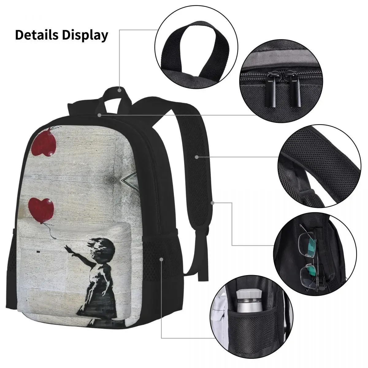 Banksy-Sacs à dos avec un ballon rouge pour filles et garçons, cartable pour étudiants, sac à dos scolaire, sac à lunch, sac à stylos, ensemble de 3 pièces