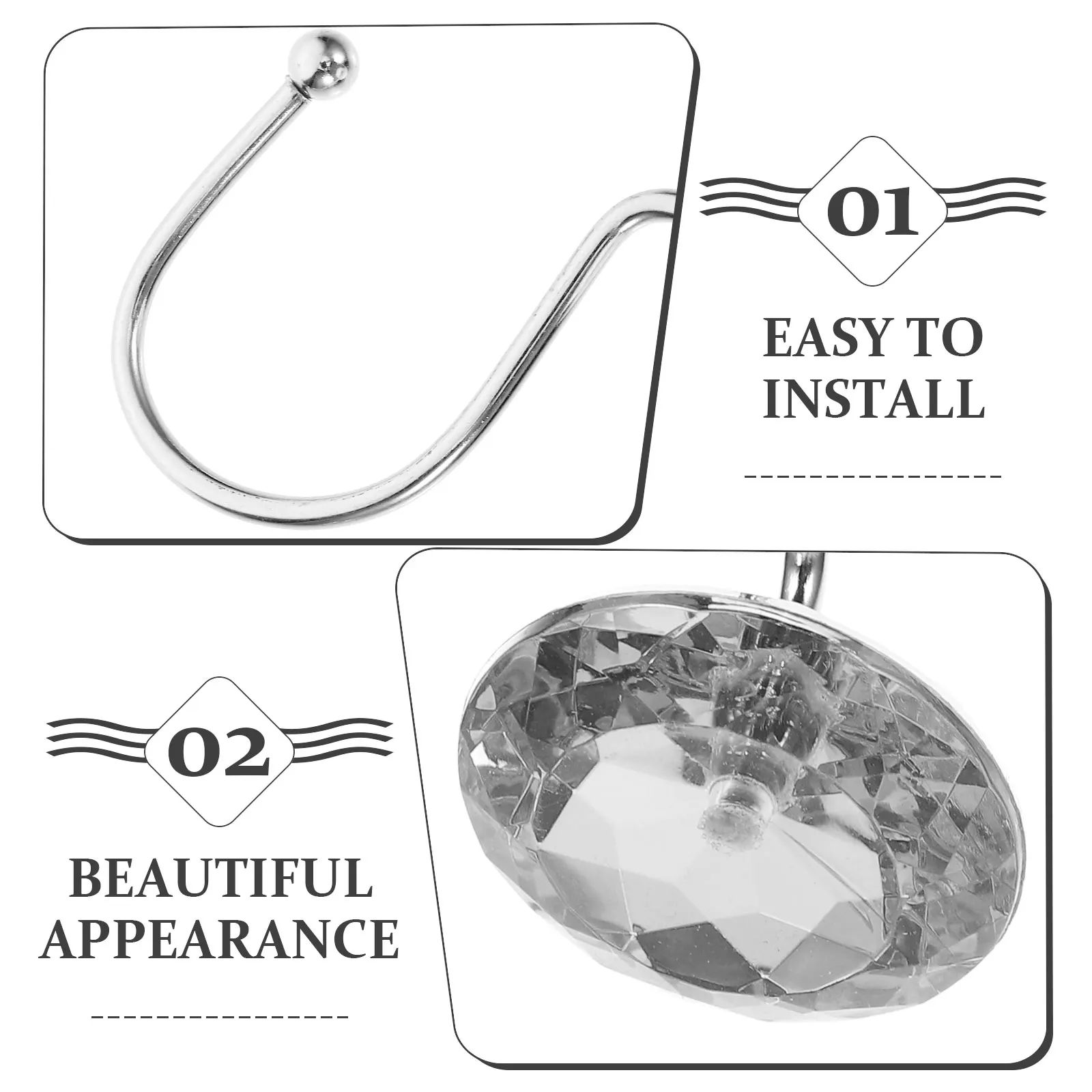 

12Pcs Shower Curtain Hooks Acrylic Metal Sturdy Smooth Glide for Heavy Light Curtains Bathroom Rod Hangers Decorative Shower