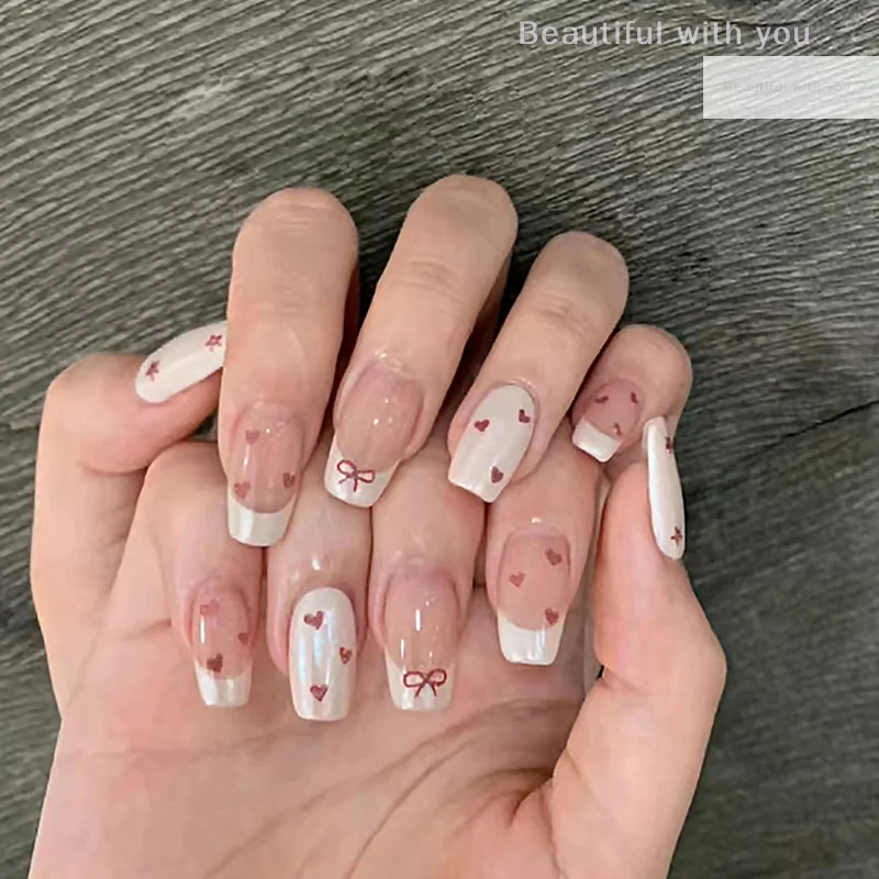 

New24Pcs French Love Bow Press On Nails Cute And Versatile Design False Nail For Women Girls Removable Wearable Art