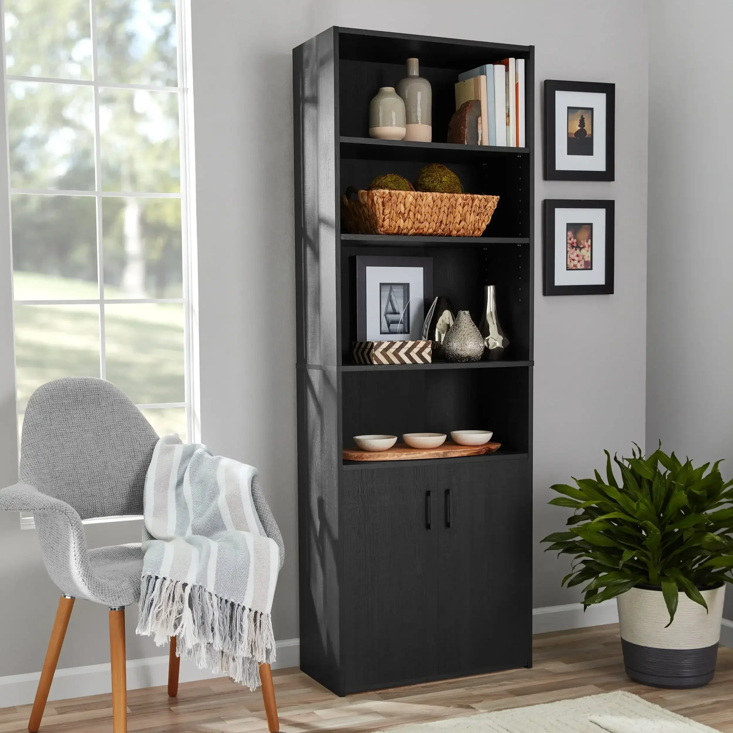 Traditional 5 Shelf Bookcase with Doors, Black Finish