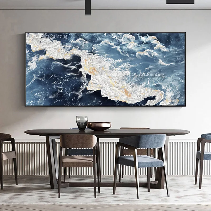 Modern Sea Waves Hand Painted Thick Oil Painting Blue Seascape Gold Foil Canvas Painting Original Great Wave Artwork Wall Decor