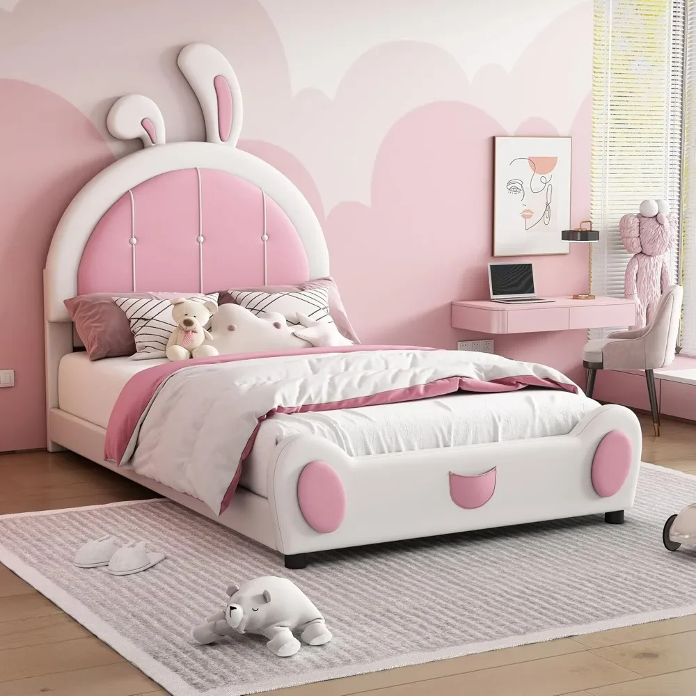 Twin Size Bed Frame with Rabbit Shaped Headboard, Cute Kids Upholstered Platform Bed Frame