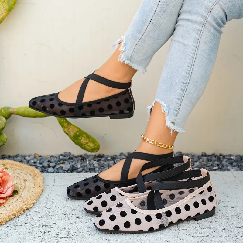 

Women Flats Spring Autumn Loafers New Fashion Polka Dot Mesh Breathable Shoes Female Casual Comfortable Soft Soled Sneakers