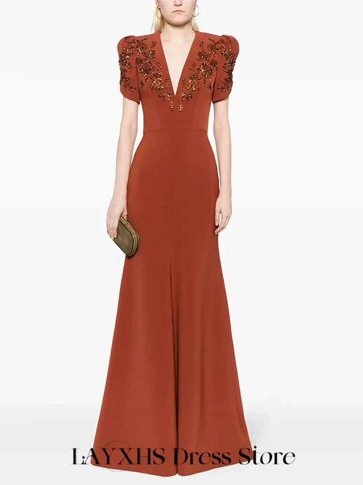 فساتين سهرة رسمية فريدة من نوعها من LAYXHS على شكل حرف v نصف كم مزينة بالخرز حورية البحر فساتين لحضور الحفلات الموسيقية مخصصة من Fساتين Sheer