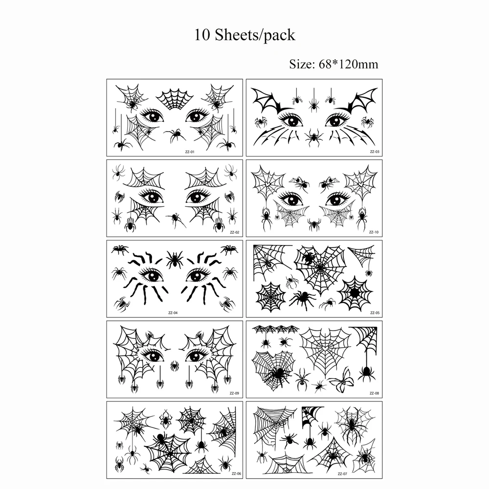 10 قطع من ملصقات وشم العنكبوت على شكل شبكة العنكبوت وشم مزيف للنساء والرجال ومكياج الوجه والحواجب وشم مؤقت لحفلات الهالوين